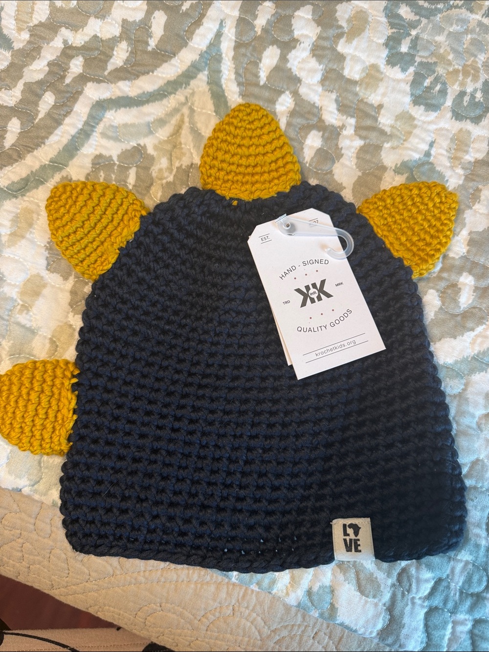Kids Black Knit Beanie with Yellow Spike Accents - LOVE Tag